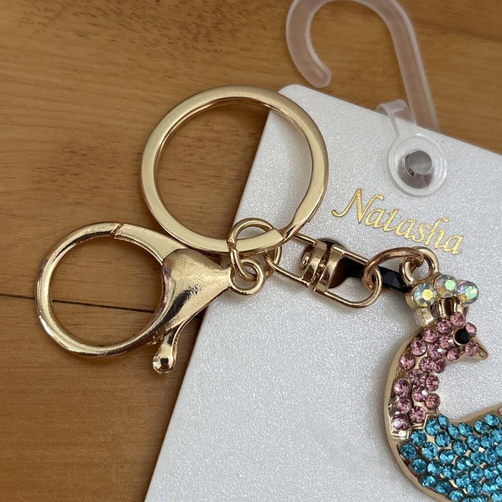 Natasha Rhinestone Peacock Bag Charm Keychain Brand New Bling Gold Rainbow - Picture 6 of 8